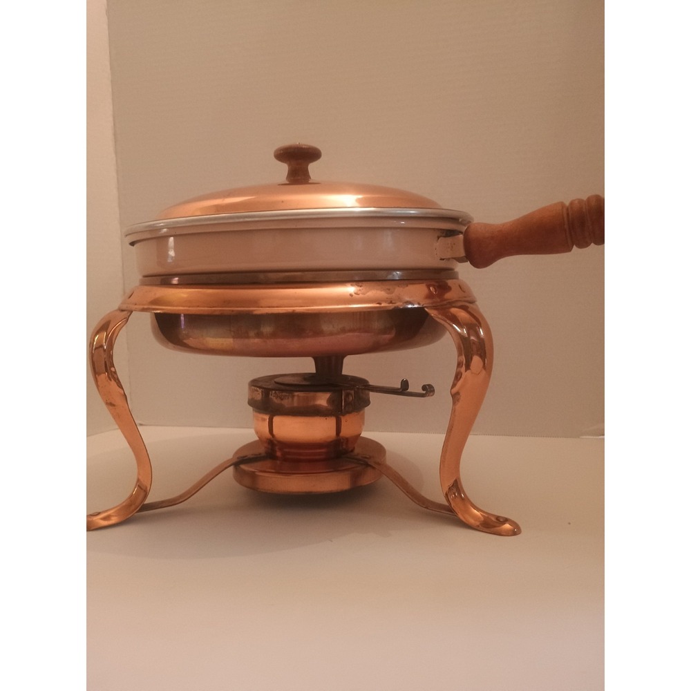 Vintage Copper Brass Skillet Chaffing Dish Fondue Pot with Wood Handle & Stand - Picture 1 of 6